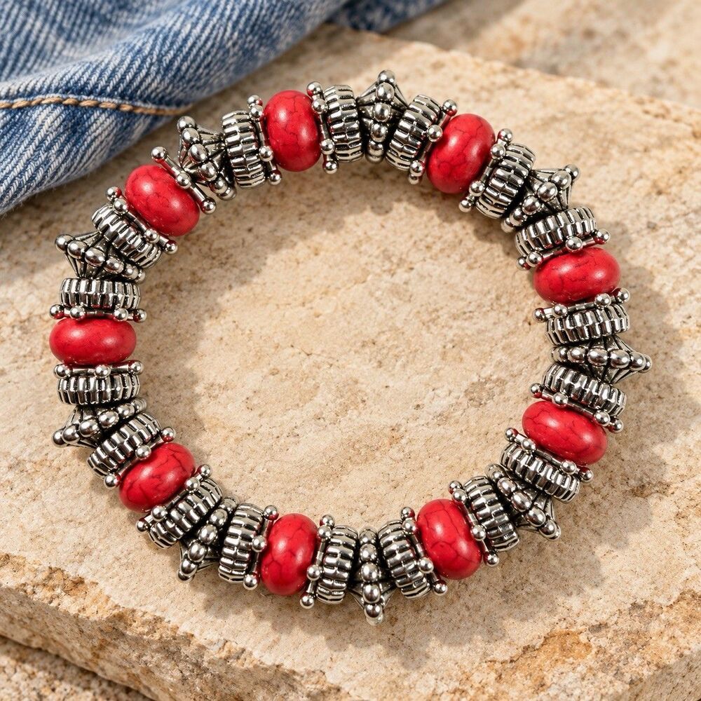 Red Beaded Stretch Bracelet Silver Tone Southwestern Western Boho Jewelry